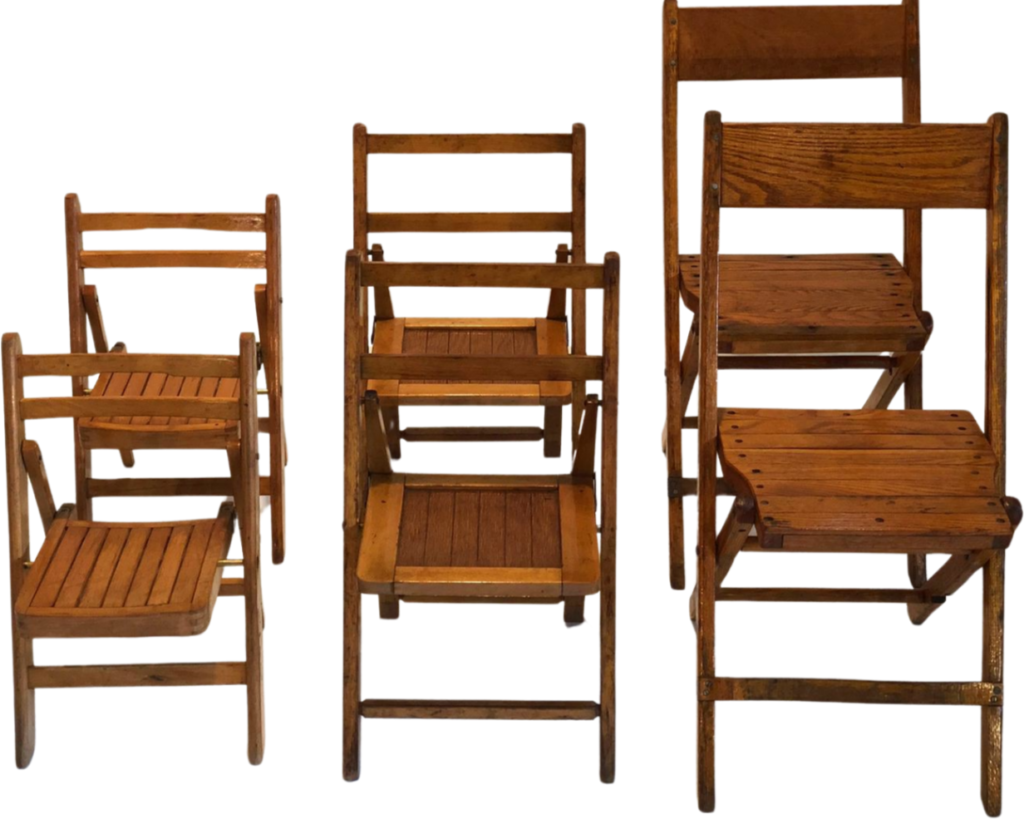 Photo of vintage wooden folding chairs in extra small, small and adult sizes